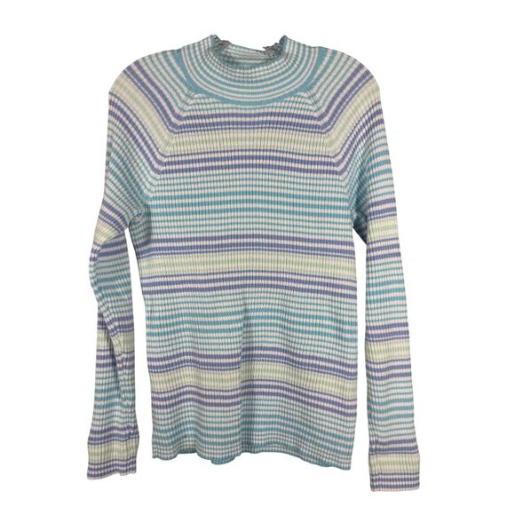 Studio Works Ribbed Cotton Sweater Womens Size Medium Blue & White - Picture 1 of 5